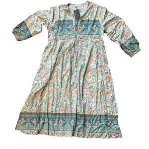 NWT R Vivimos Womens Large Floral Midi Dress Light‎ Blue Burnt Orange Fall Vibes